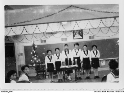 Missionaries introduced the GCIT movement to First Nations communities and Indian Residential Schools.  Vesper Service at Portage la Prairie Residential School, c. 1950.  UCArchivesWpg northern_086