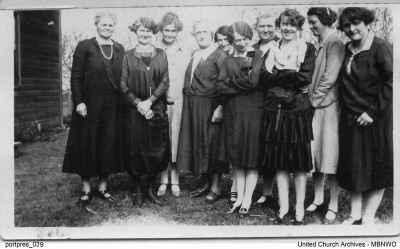 Oakland, Manitoba WMS Officers from 1928.  The WMS was a vital organization where women could undertake study and action on mission domestically and around the world.  Mrs. E. Boddy; Mrs. L.E. Turner; Mrs. Ritchie, Mrs. J. Hardy, Mrs. M. Munro, Mrs. T. Robinson, Mrs. S.C. Murray, Mrs. Pridle, Mrs. C. Eadie, Mrs. L. Mason UCArchivesWpg portpres_039